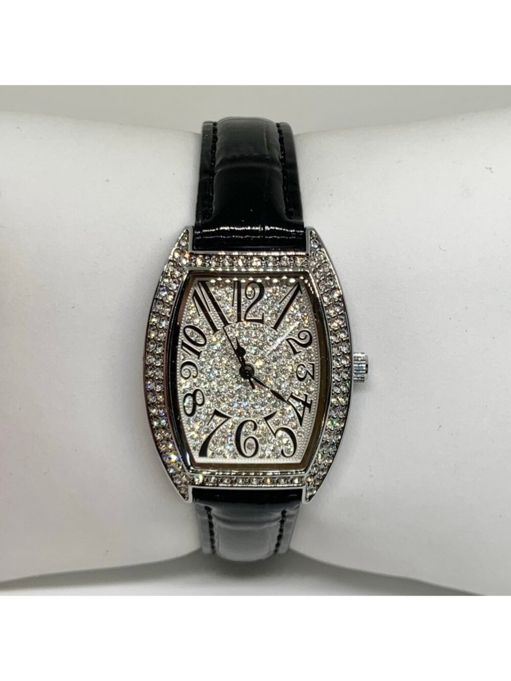 silver tone iced dial rhinestones women watch 27mm quartz black leather running
